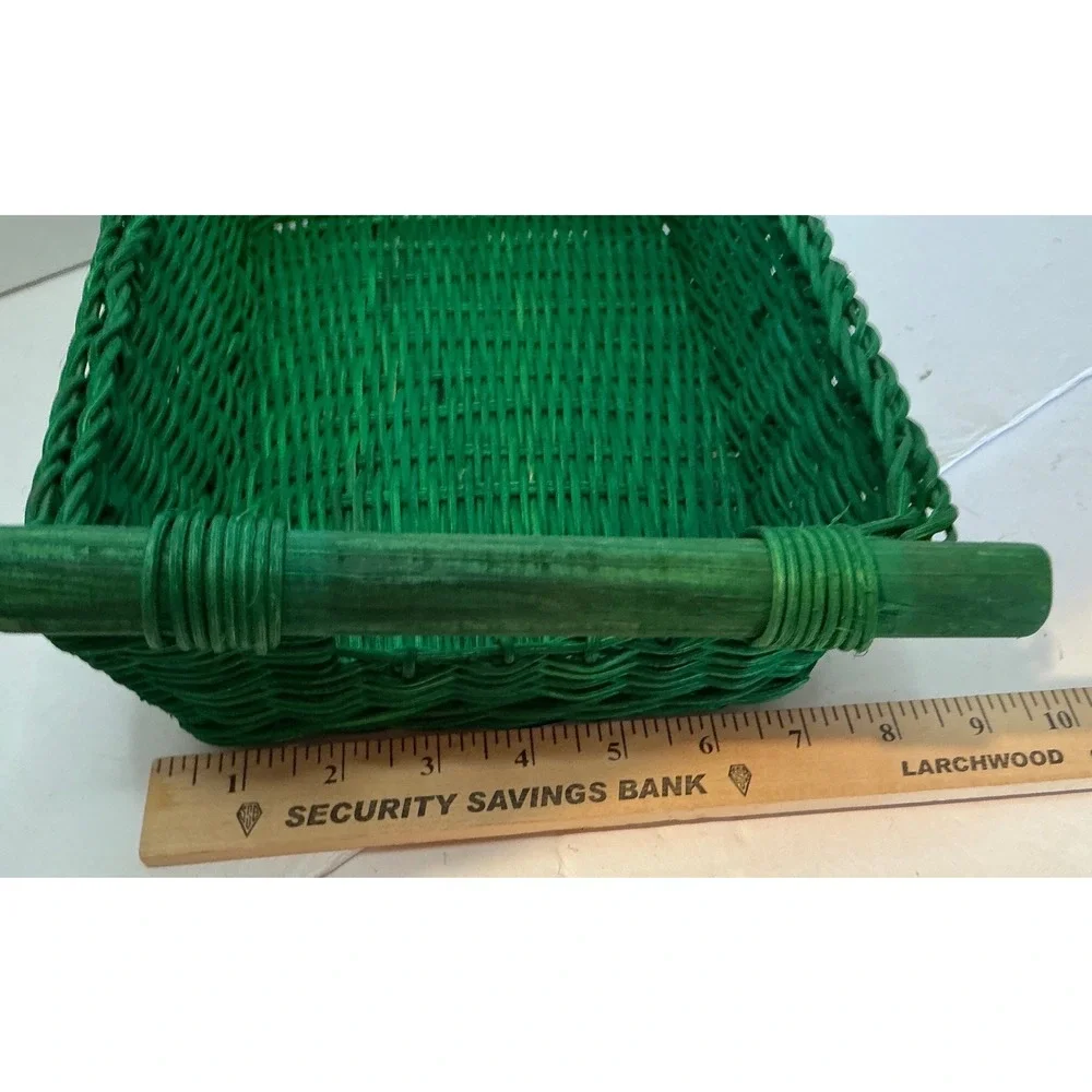 Green Wicker Basket Rectangular Wood Handles Storage Decor 10x8x4